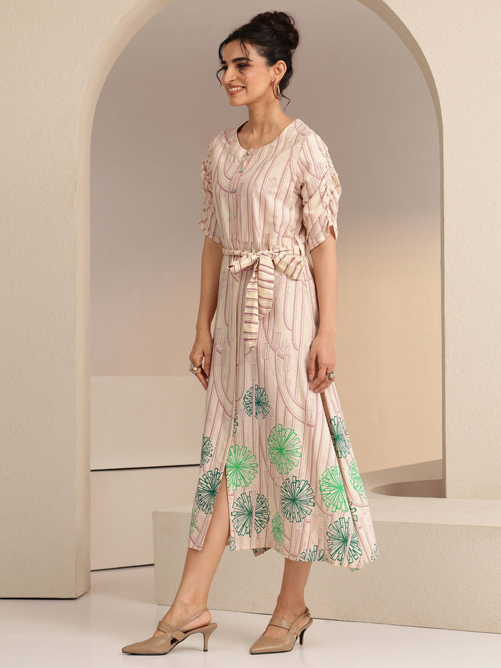 Libas Ivory Geometric Print Cotton Midi Dress