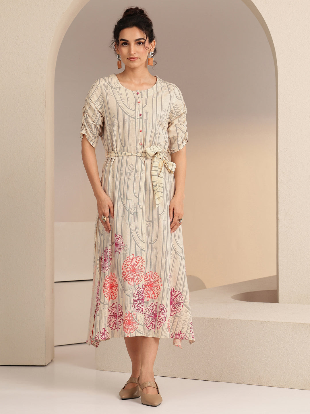 Libas Ivory Geometric Print Cotton Midi Dress