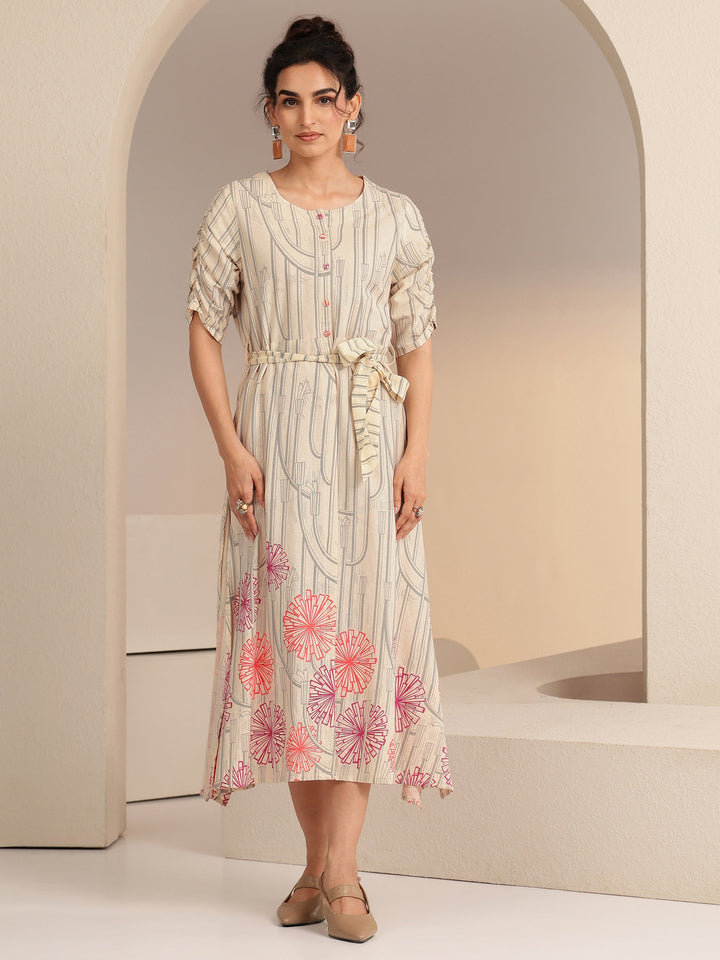 Libas Ivory Geometric Print Cotton Midi Dress