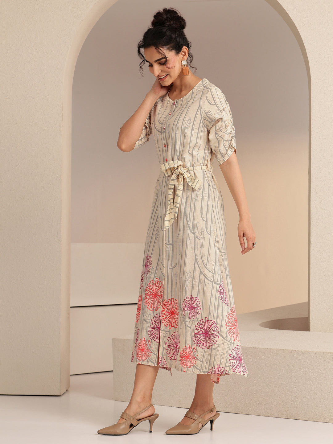 Libas Ivory Geometric Print Cotton Midi Dress