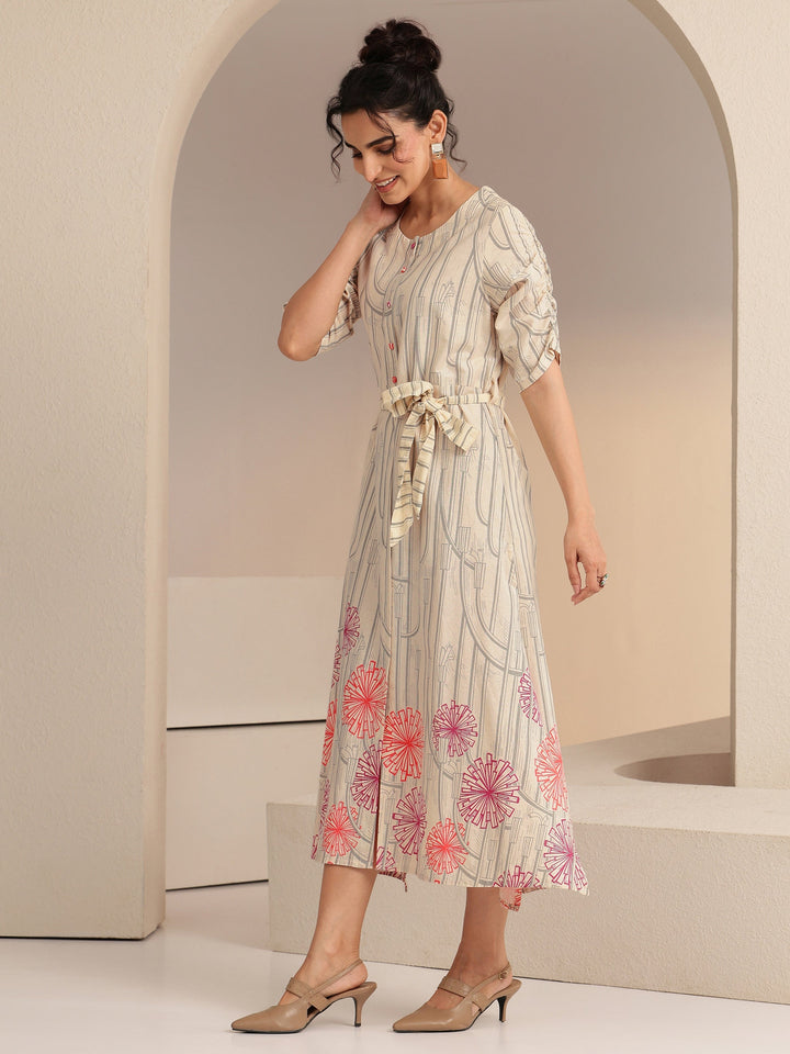 Libas Ivory Geometric Print Cotton Midi Dress