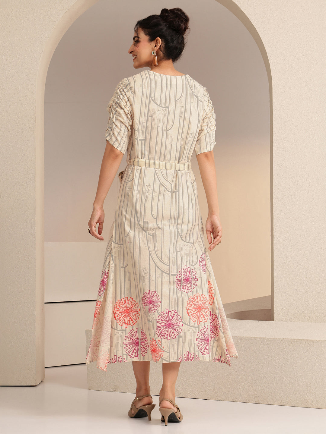Libas Ivory Geometric Print Cotton Midi Dress
