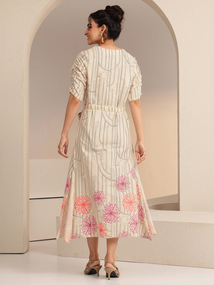 Libas Ivory Geometric Print Cotton Midi Dress