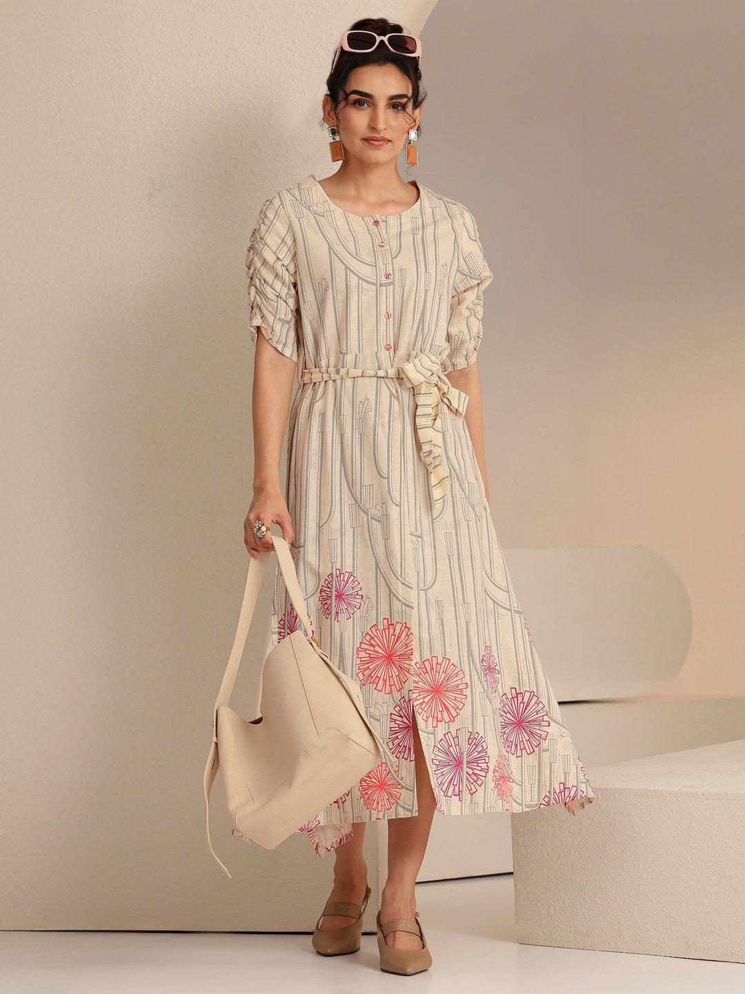 Libas Ivory Geometric Print Cotton Midi Dress