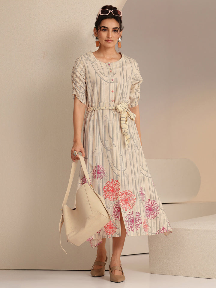 Libas Ivory Geometric Print Cotton Midi Dress