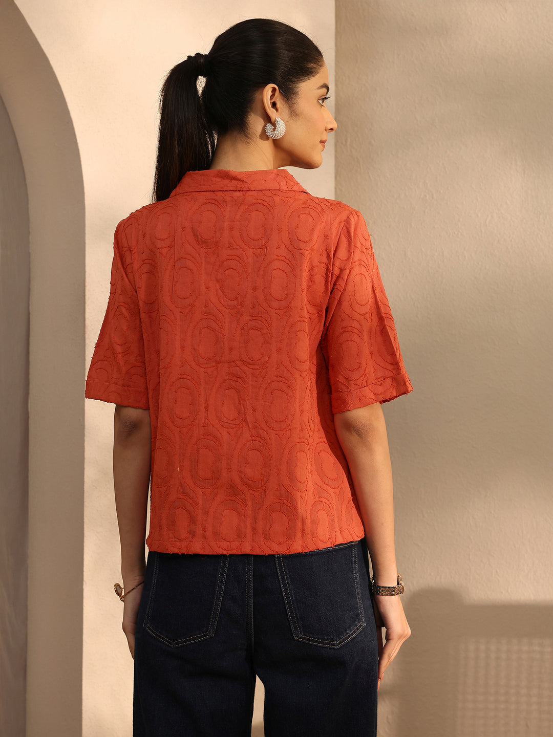 Orange Self Design Cotton Straight Shirt