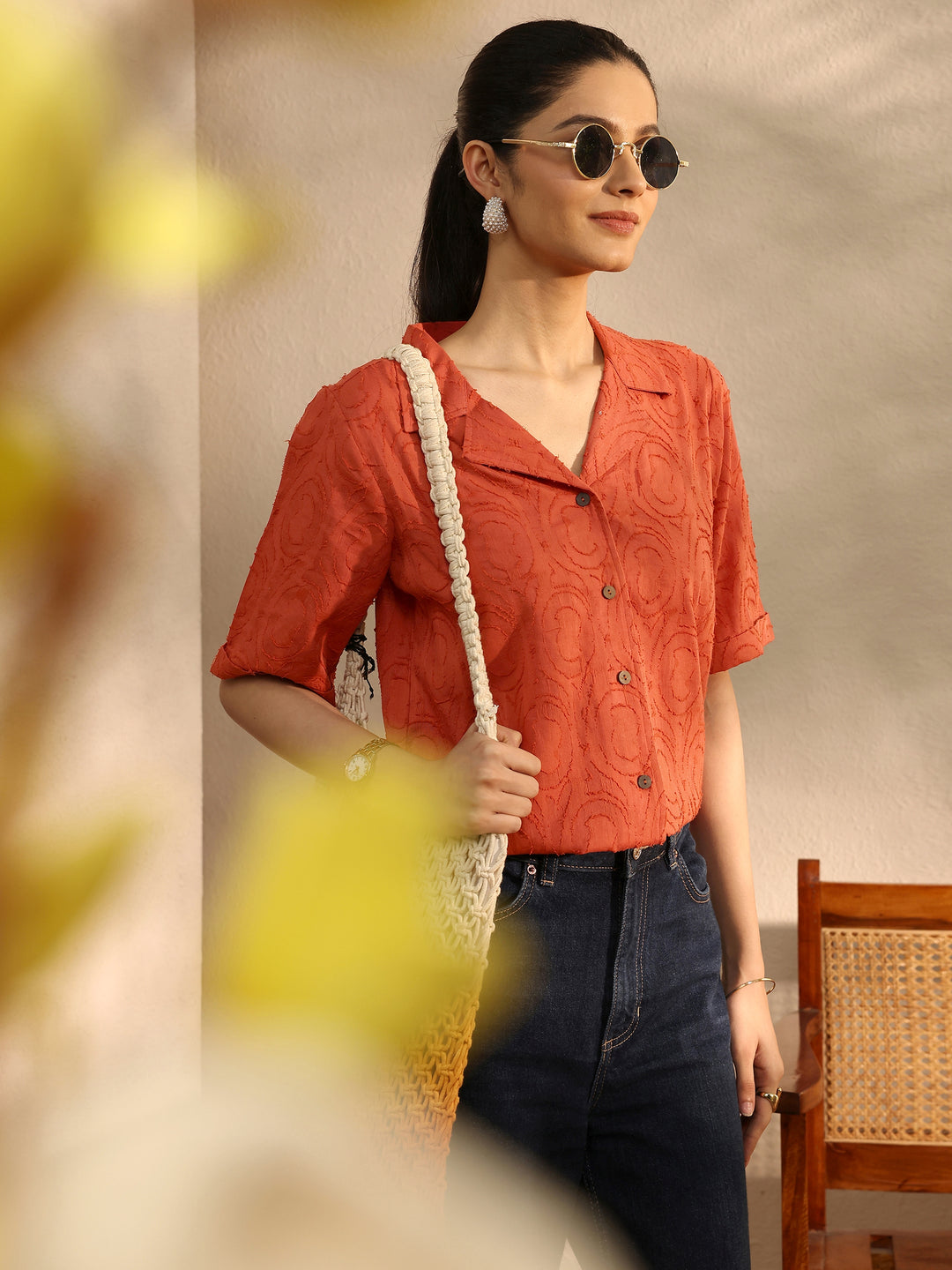Orange Self Design Cotton Straight Shirt