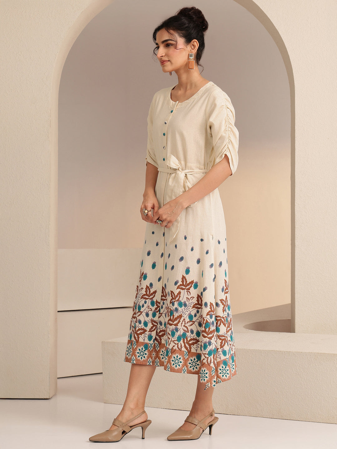 Libas Ivory and Blue Printed Cotton Blend Midi Dress