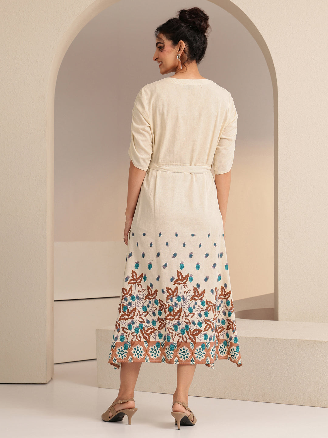 Libas Ivory and Blue Printed Cotton Blend Midi Dress