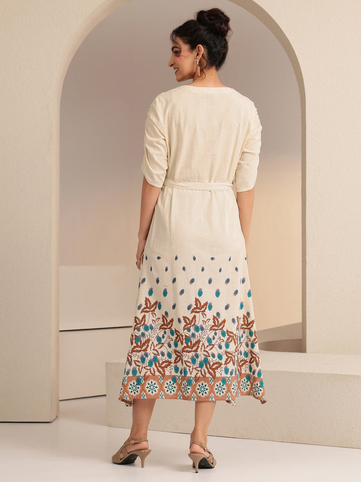 Libas Ivory and Blue Printed Cotton Blend Midi Dress