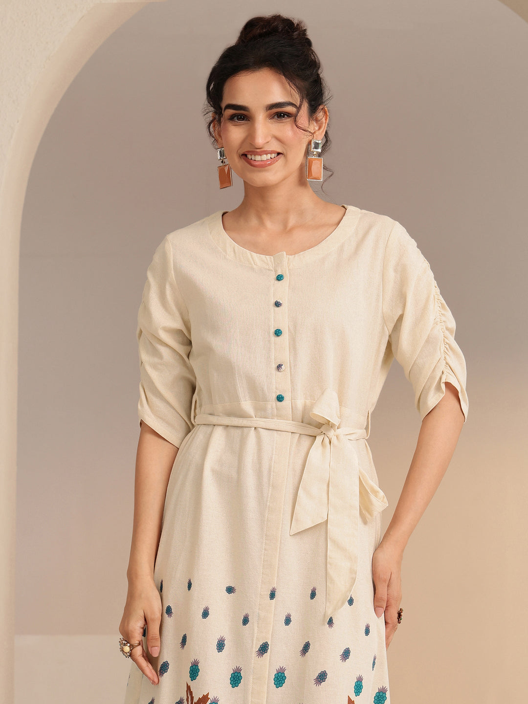 Libas Ivory and Blue Printed Cotton Blend Midi Dress