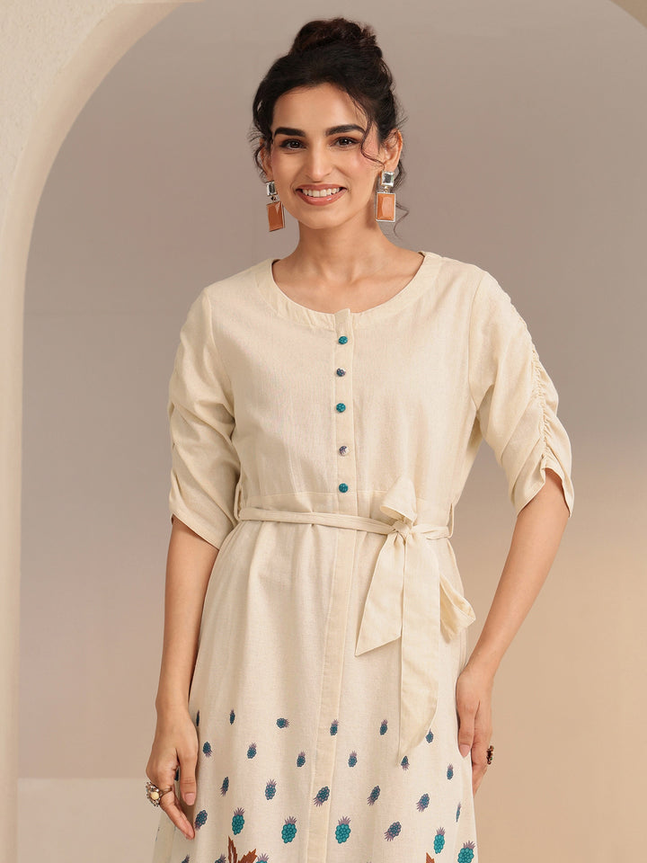 Libas Ivory and Blue Printed Cotton Blend Midi Dress