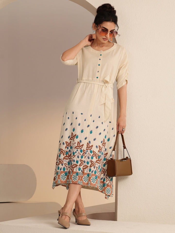 Libas Ivory and Blue Printed Cotton Blend Midi Dress