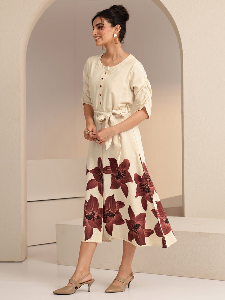Libas Ivory and Maroon Floral Printed Cotton Blend Midi Dress
