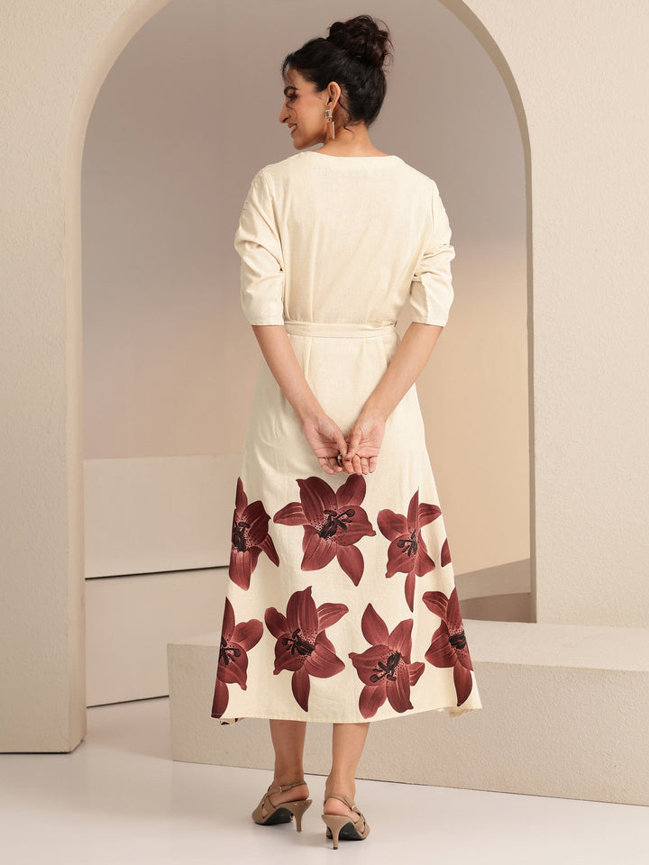 Libas Ivory and Maroon Floral Printed Cotton Blend Midi Dress