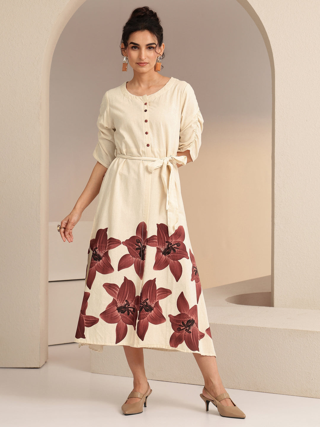 Libas Ivory and Maroon Floral Printed Cotton Blend Midi Dress