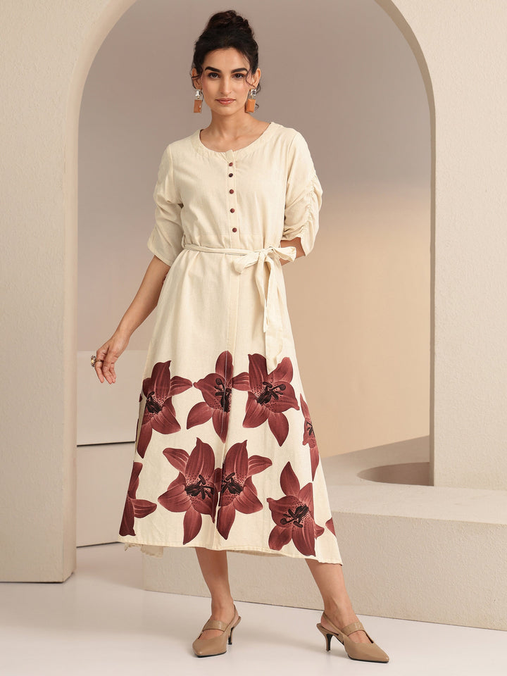 Libas Ivory and Maroon Floral Printed Cotton Blend Midi Dress