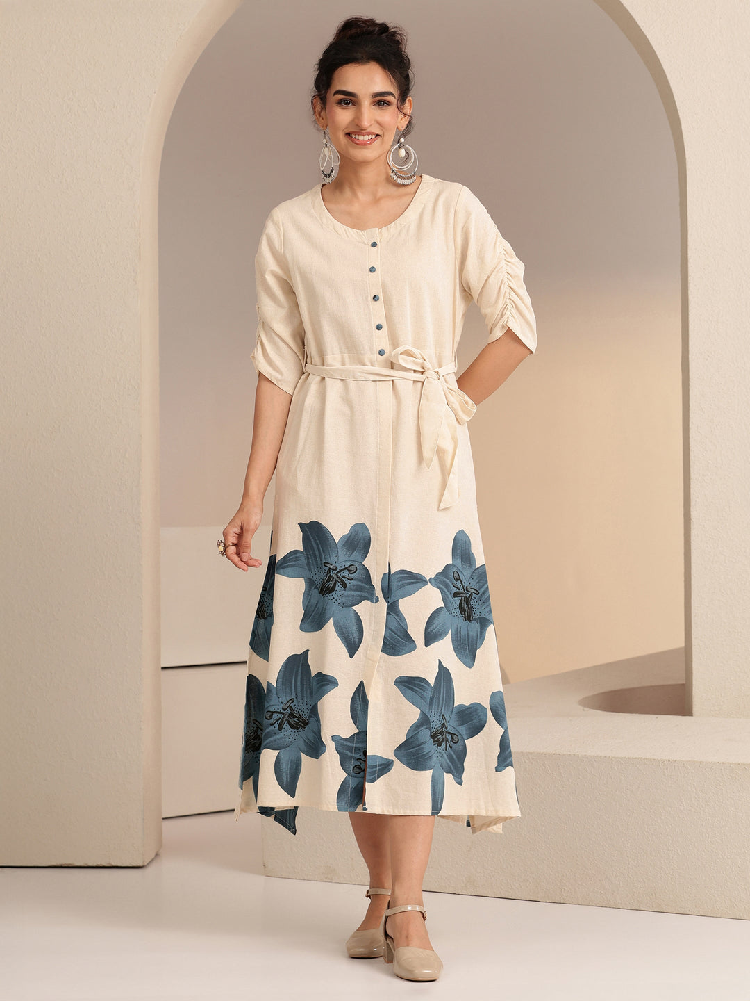 Libas Ivory and Blue Floral Printed Cotton Blend A-Line Dress