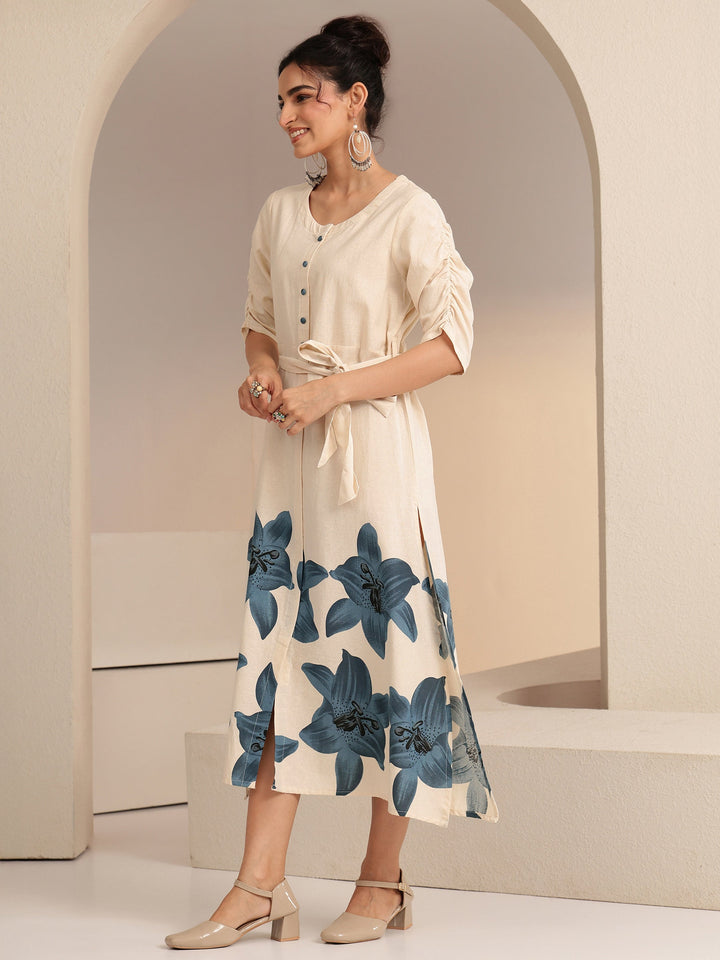 Libas Ivory and Blue Floral Printed Cotton Blend A-Line Dress