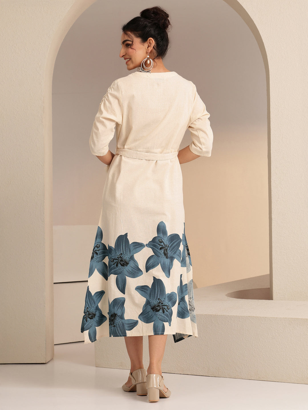 Libas Ivory and Blue Floral Printed Cotton Blend A-Line Dress