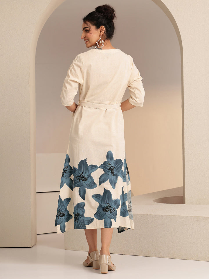 Libas Ivory and Blue Floral Printed Cotton Blend A-Line Dress