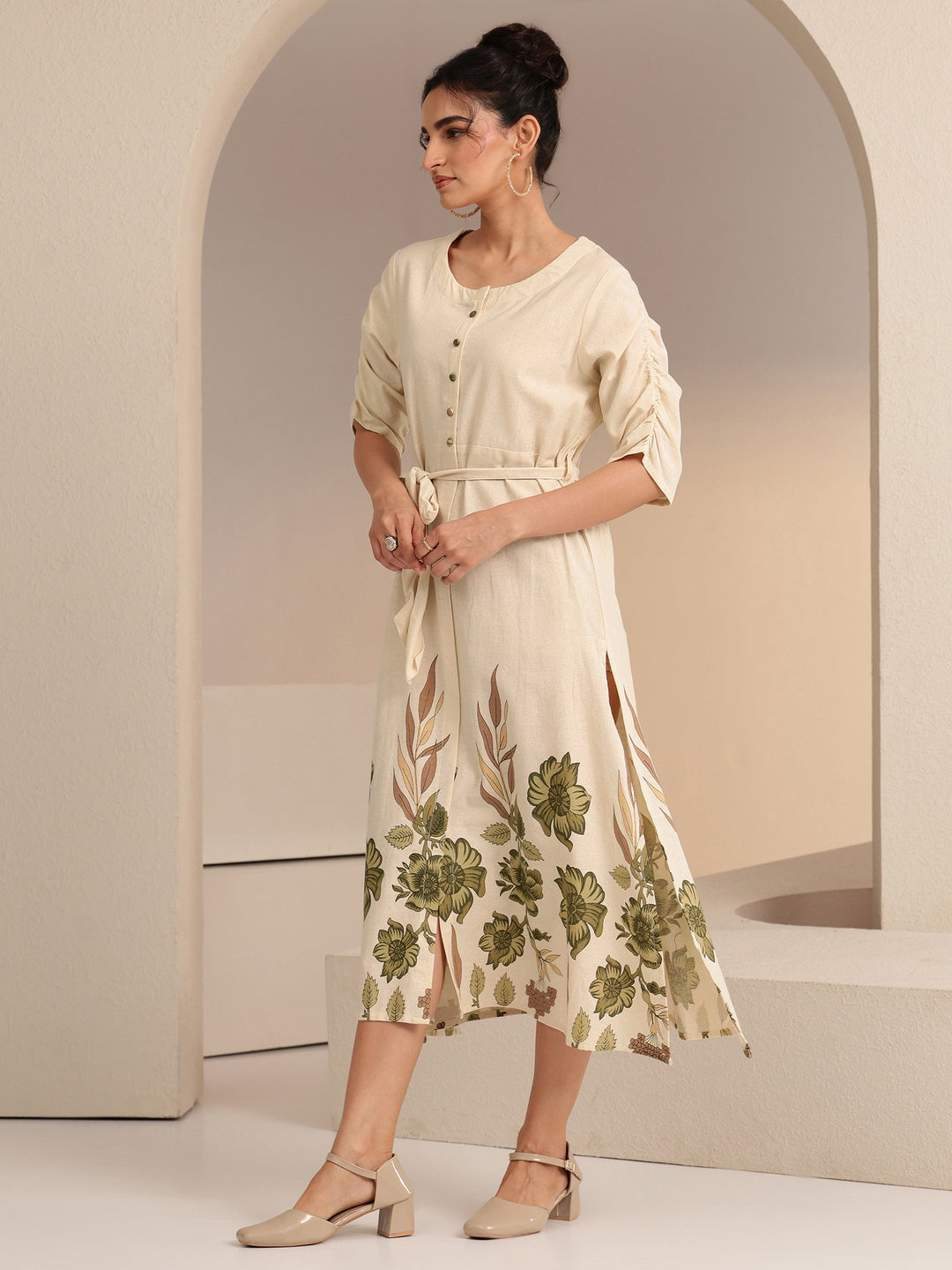 Libas Ivory and  Printed Cotton Blend A-Line Dress