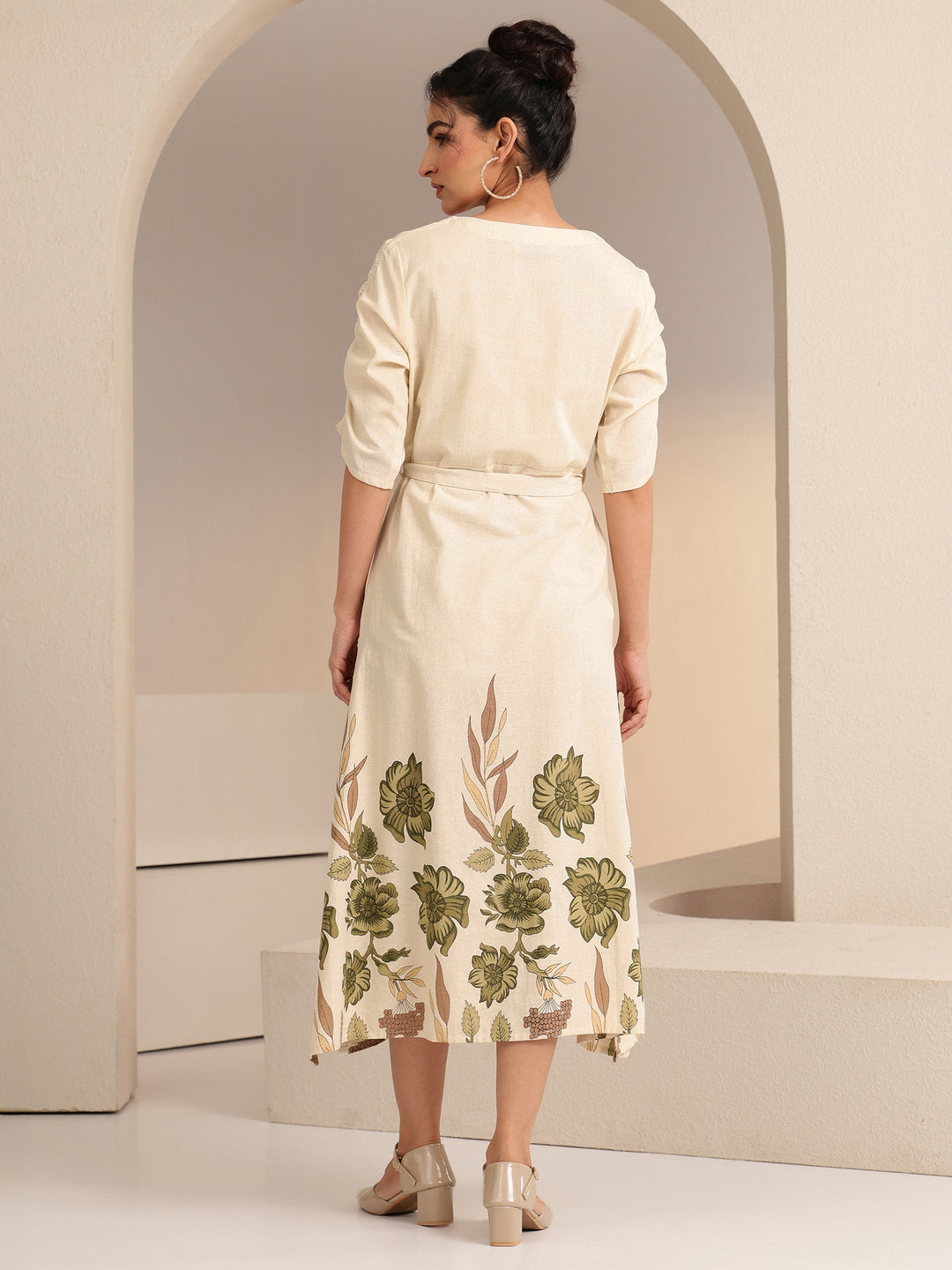 Libas Ivory and  Printed Cotton Blend A-Line Dress