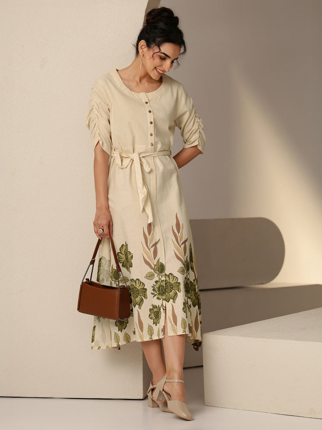 Libas Ivory and  Printed Cotton Blend A-Line Dress
