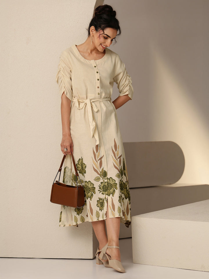 Libas Ivory and  Printed Cotton Blend A-Line Dress