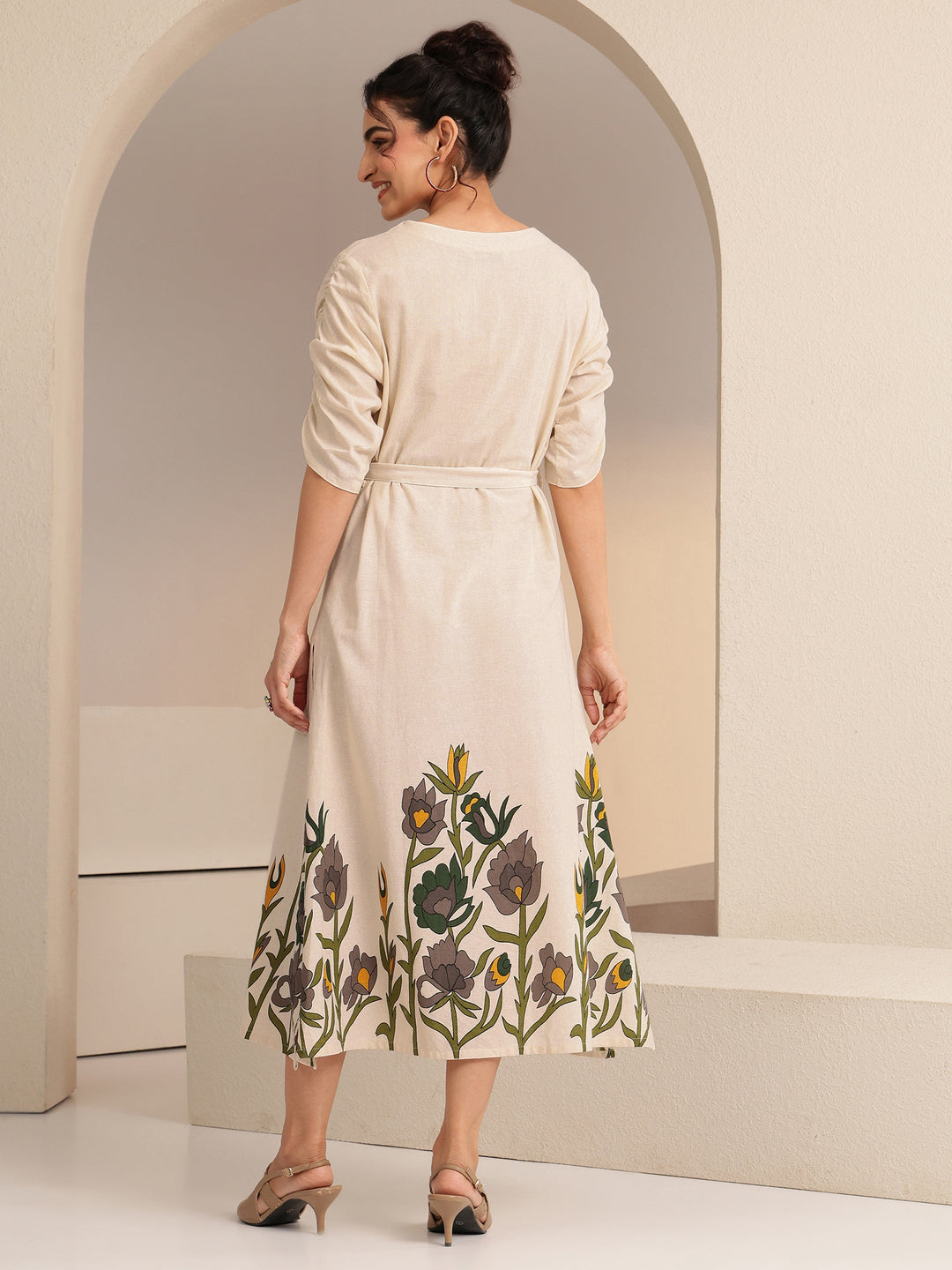 Libas Ivory Floral Printed Cotton Blend A-Line Dress