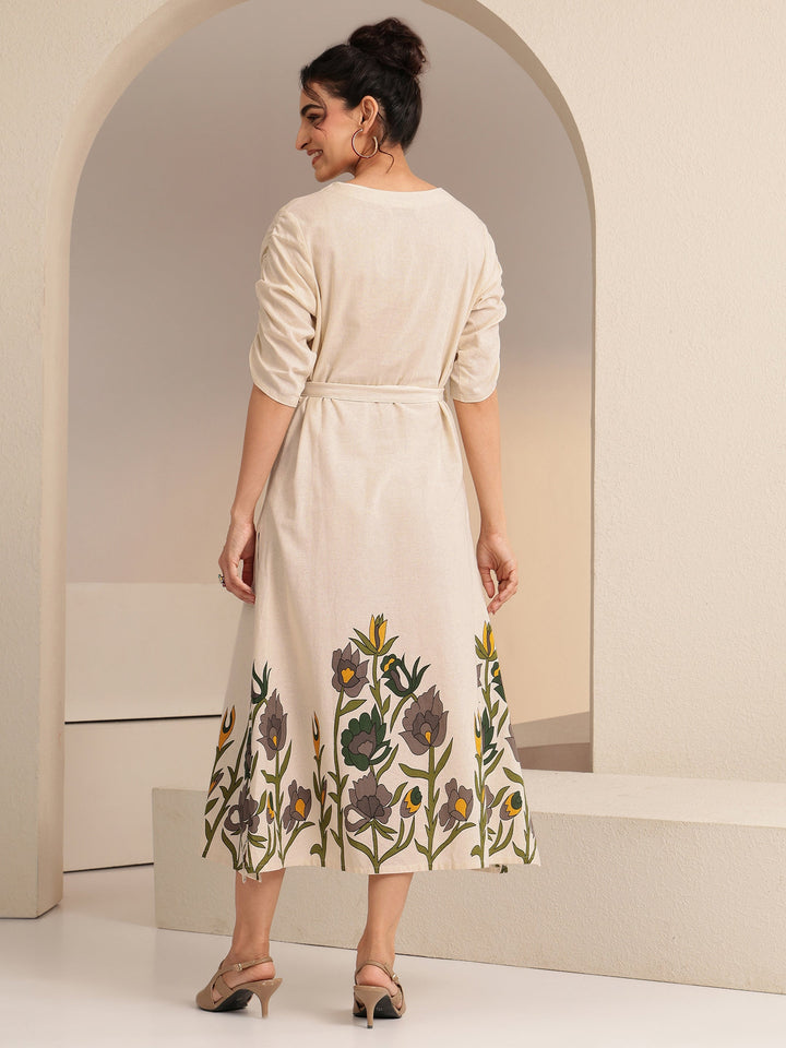Libas Ivory Floral Printed Cotton Blend A-Line Dress