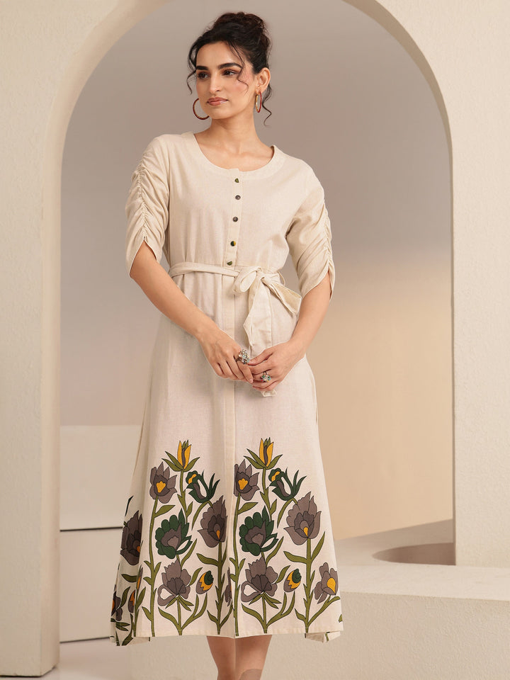 Libas Ivory Floral Printed Cotton Blend A-Line Dress
