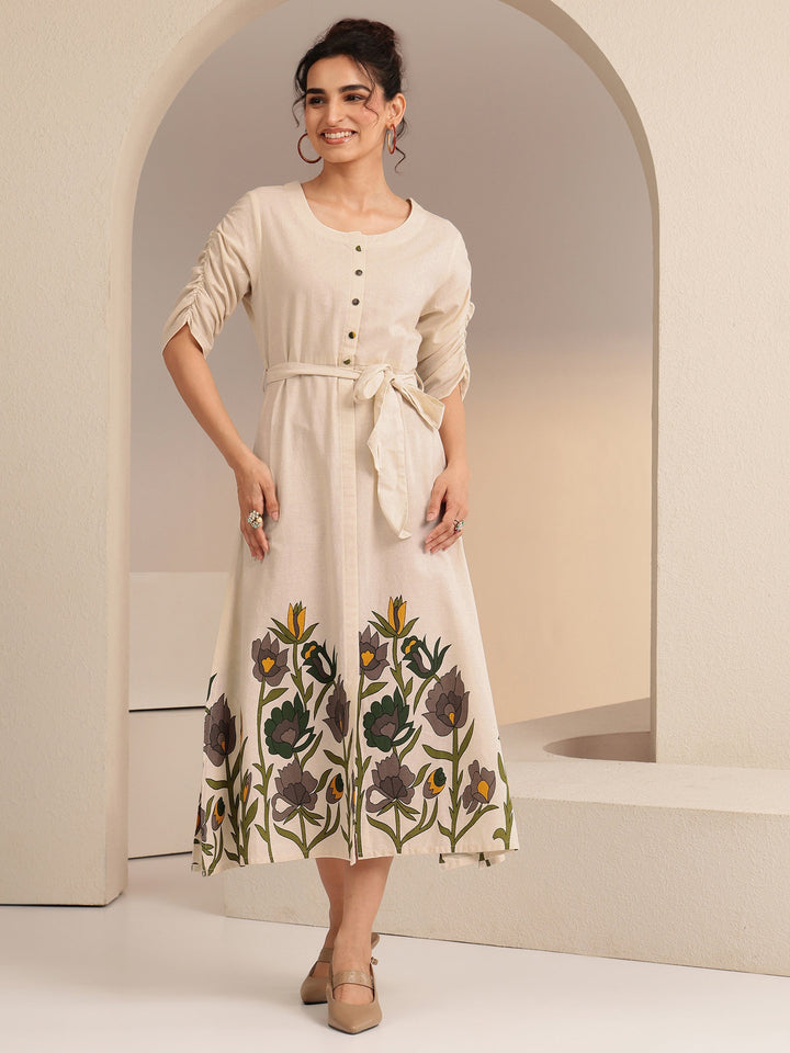 Libas Ivory Floral Printed Cotton Blend A-Line Dress
