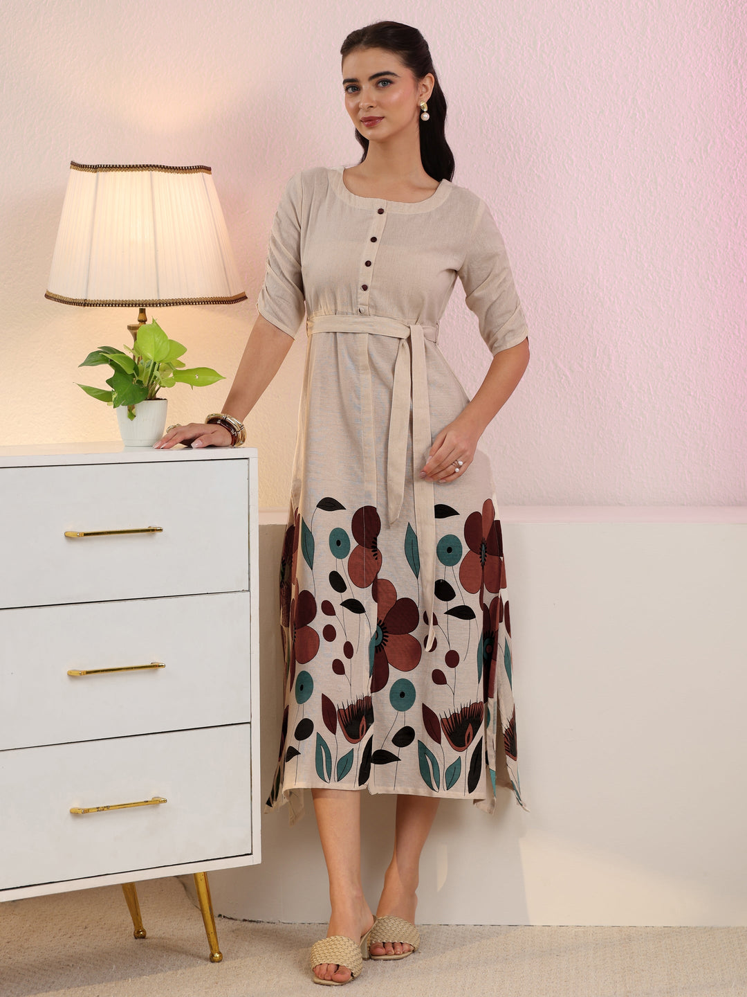 Libas Off White Floral Printed Cotton Blend A-Line Dress