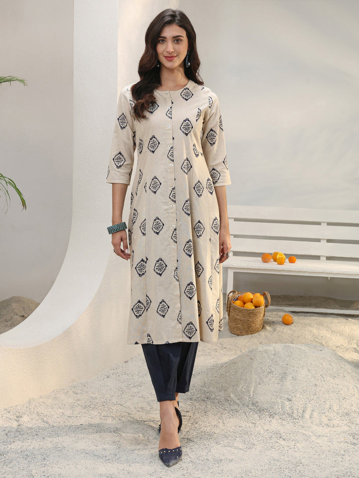 Off White Ethnic Printed Cotton Blend A-Line Kurta