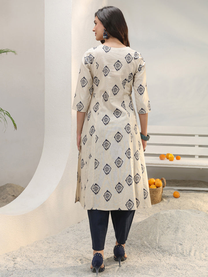 Off White Ethnic Printed Cotton Blend A-Line Kurta