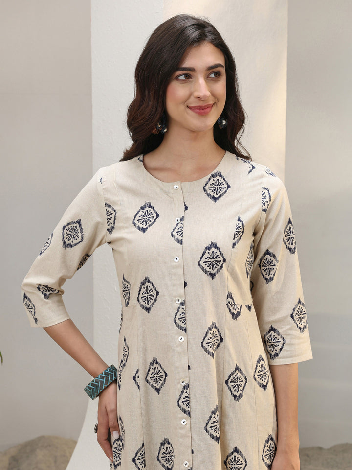 Off White Ethnic Printed Cotton Blend A-Line Kurta