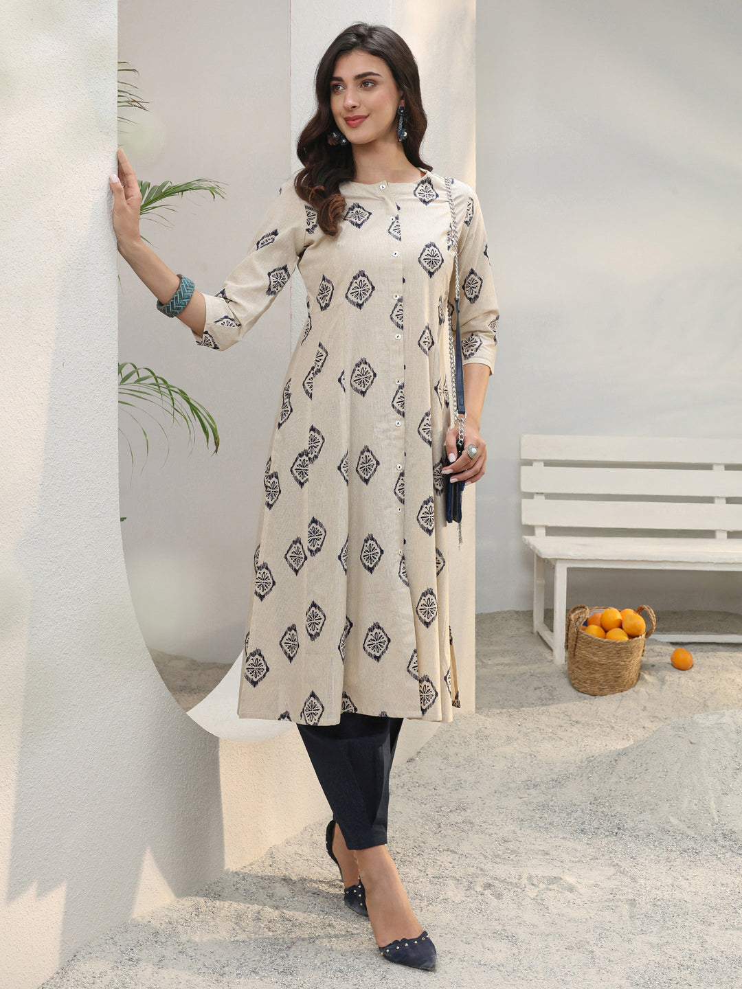 Off White Ethnic Printed Cotton Blend A-Line Kurta