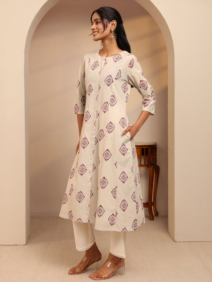 Off White Ethnic Motif Printed Cotton Blend A-Line Kurta