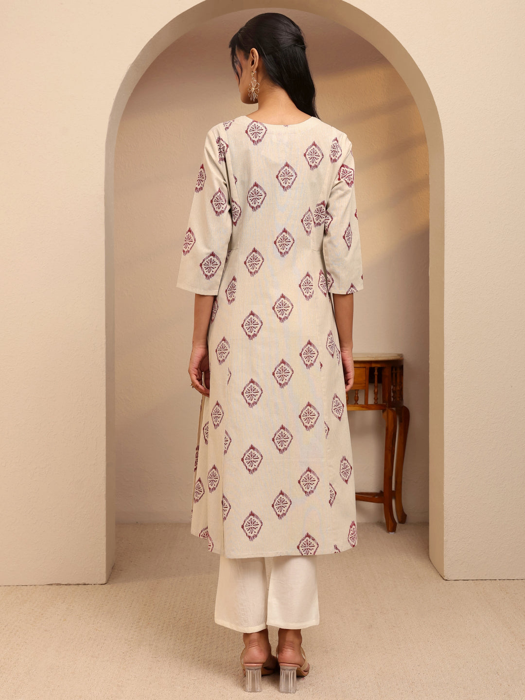 Off White Ethnic Motif Printed Cotton Blend A-Line Kurta