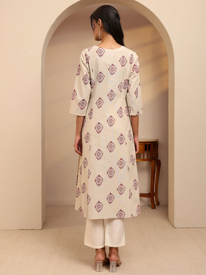 Off White Ethnic Motif Printed Cotton Blend A-Line Kurta