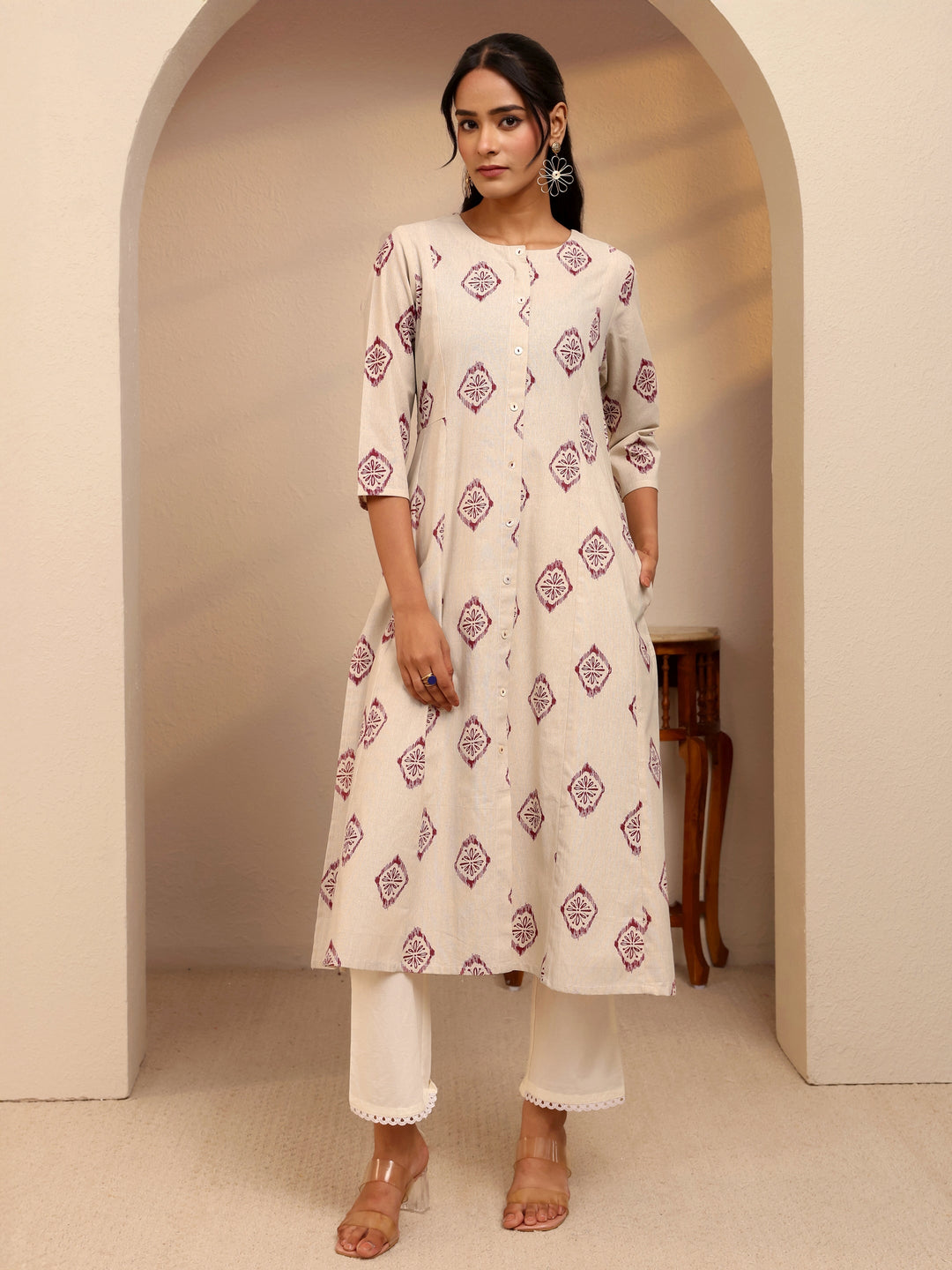 Off White Ethnic Motif Printed Cotton Blend A-Line Kurta