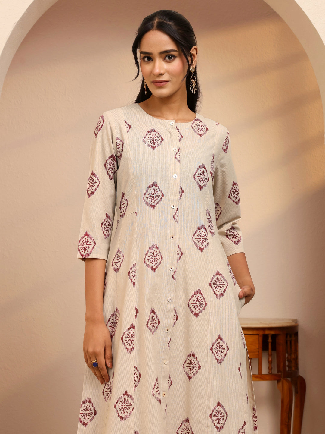 Off White Ethnic Motif Printed Cotton Blend A-Line Kurta