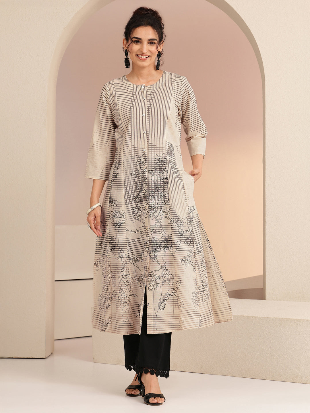 Libas Ivory and Black Abstract Print Cotton Blend A-Line Kurta