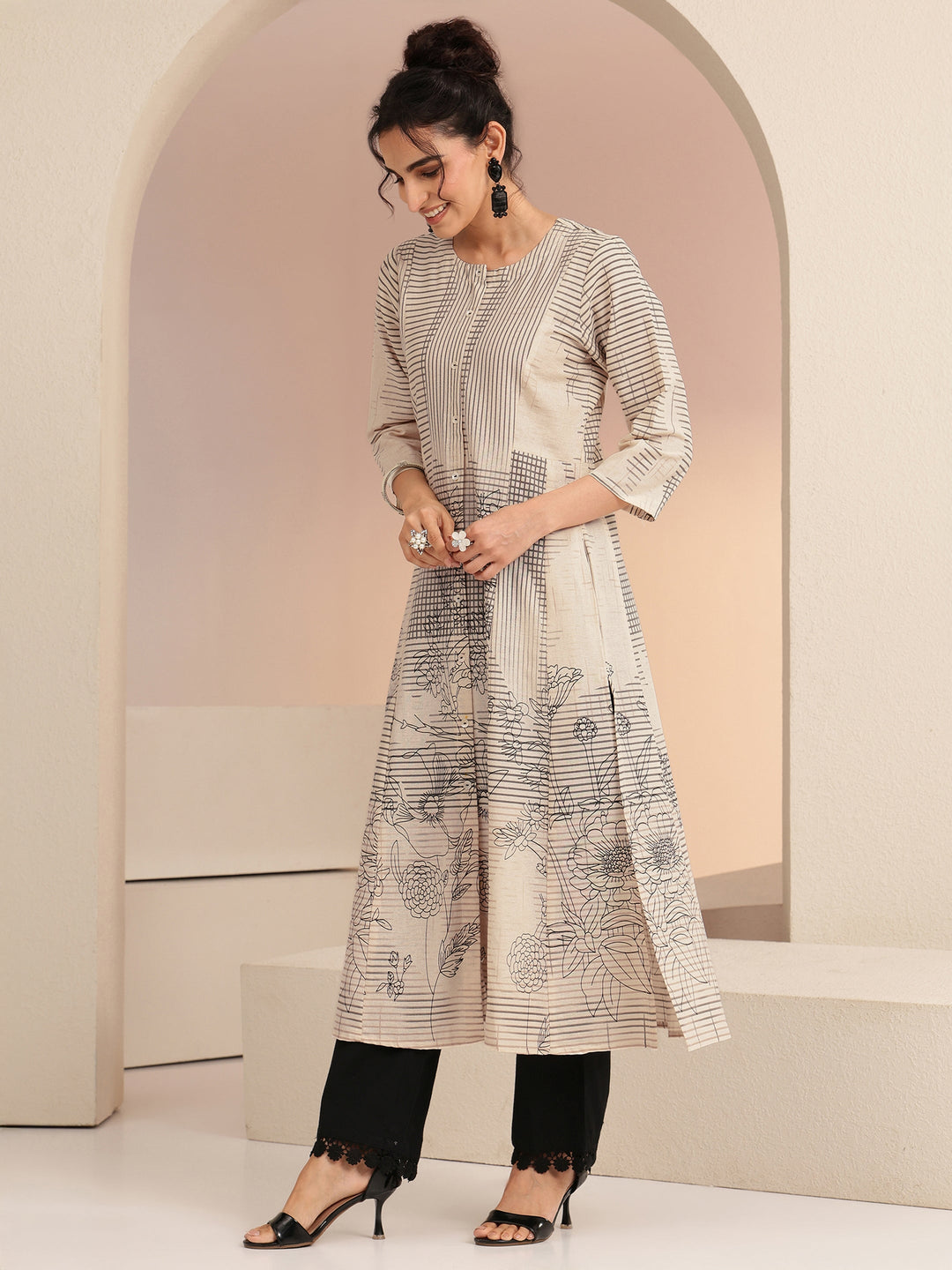 Libas Ivory and Black Abstract Print Cotton Blend A-Line Kurta