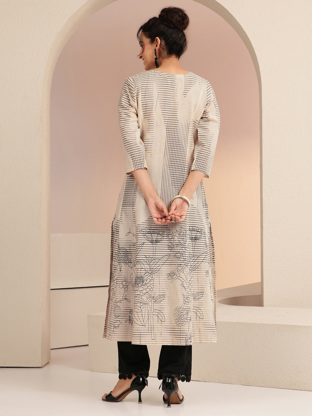 Libas Ivory and Black Abstract Print Cotton Blend A-Line Kurta