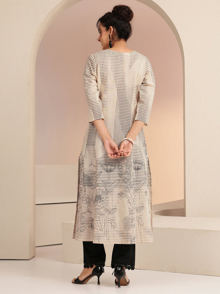 Libas Ivory and Black Abstract Print Cotton Blend A-Line Kurta