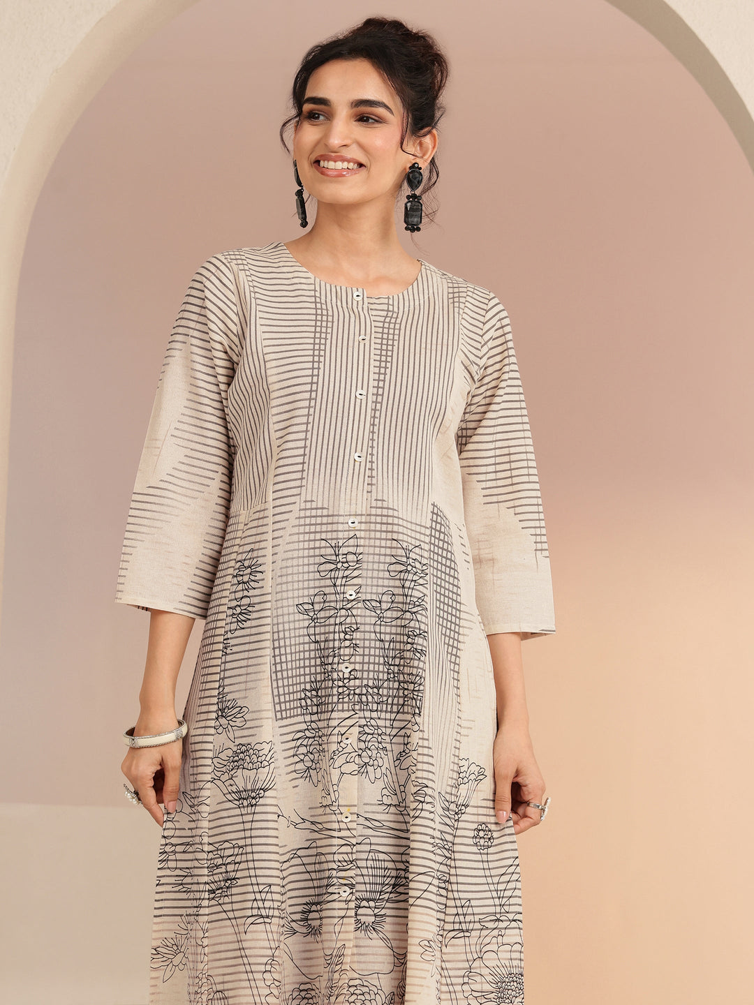 Libas Ivory and Black Abstract Print Cotton Blend A-Line Kurta