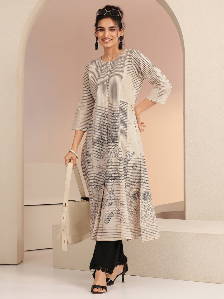 Libas Ivory and Black Abstract Print Cotton Blend A-Line Kurta