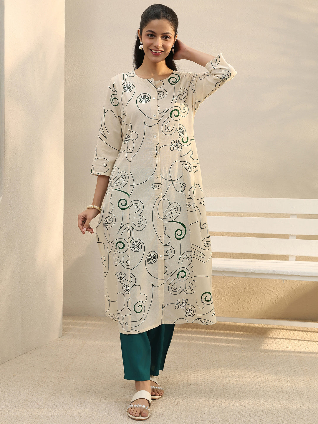 Off White Abstract Printed Panelled A-Line Kurta